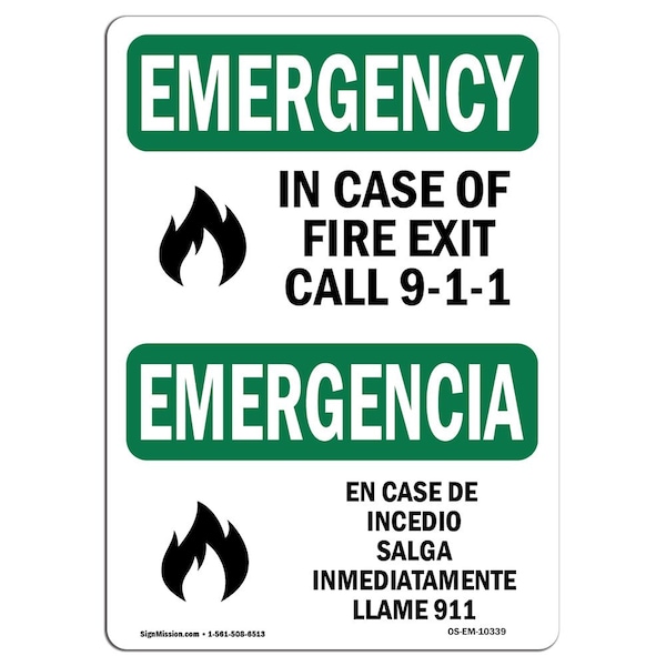 OSHA EMERGENCY In Case Of Fire Exit Call 9-1-1 Bilingual 18in X 12in Alum, 12"W, 18" L, Landscape